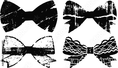 set of four vintage textured bow ties in various styles, grunge effect illustration