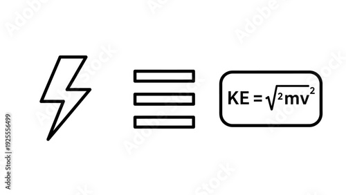 Icons Representing Electricity Bolt, Menu Lines, and Kinetic Energy Formula for Science Concepts