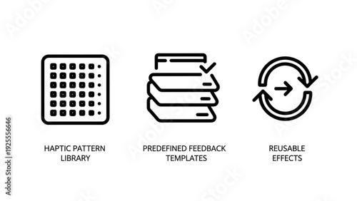 Three modern icons representing haptic pattern library, predefined feedback templates, and reusable effects for user interfaces.