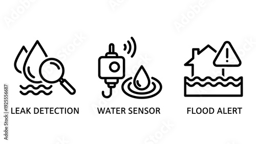 Icons for leak detection, water sensor, and flood alert, symbolizing water damage prevention and monitoring systems.
