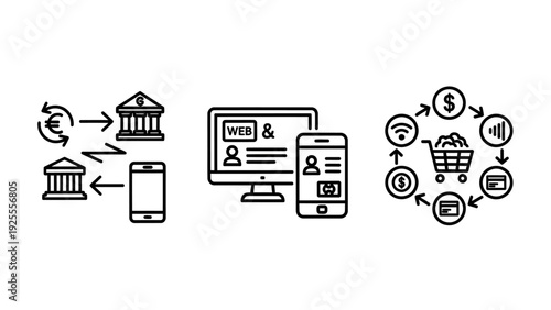 Icons depicting online banking, web and mobile interfaces, and e-commerce shopping cart transactions for financial technology.