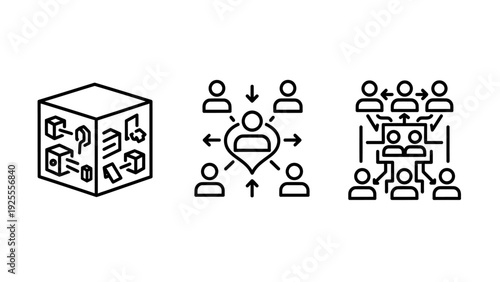 Icons representing complex systems, centralized leadership, and distributed team collaboration for project management and organization.