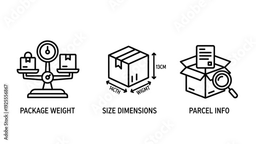 Icons illustrating package weight measurement, size dimensions, and parcel information for shipping, logistics, and delivery services.