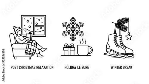 Cozy winter icons depicting post-Christmas relaxation, holiday leisure activities, and winter break fun with ice skating.