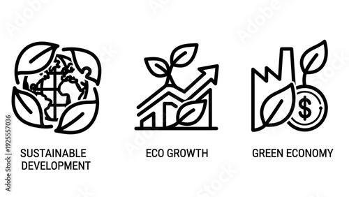 Icons symbolizing sustainable development, eco growth, and green economy: globe with leaves, rising graph, and factory with coin.