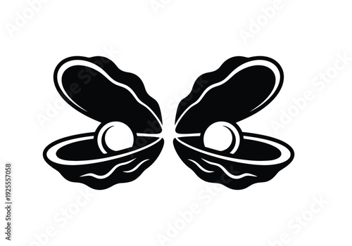Monochrome black and white illustration featuring two open clam shells revealing luminous pearl interiors, high resolution professional graphic design, refined ocean inspired artwork suitable for post
