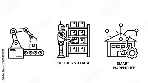 Smart Factory Icons: Robotic Arm Conveyor, Robot Stacking Boxes, Smart Warehouse Network - Automation and Logistics