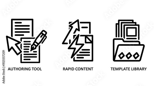 Digital content creation icons: authoring tool, rapid content creation, and template library, symbolizing digital publishing and workflow.