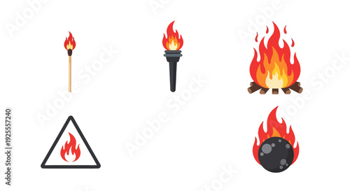 Colorful flat vector fire icons set match torch campfire warning sign and burning sphere illustrations.