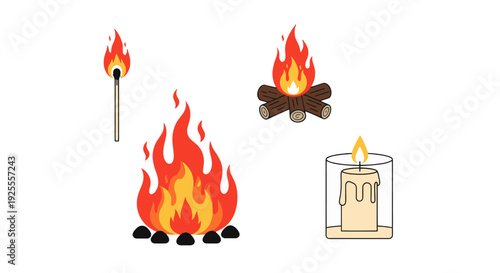 Colorful cartoon fire elements match campfire bonfire and candle flame illustrations.