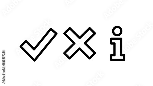 Simple Icons: Check Mark, Cross, Information Symbol - Basic Graphic Elements for Decision Making, Verification, and Data