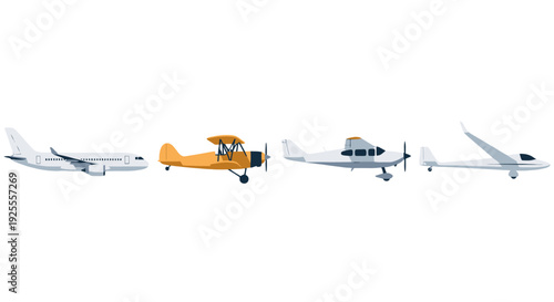 Diverse Aircraft Collection Modern Jet Vintage Biplane Small Propeller Plane and Sleek Glider.