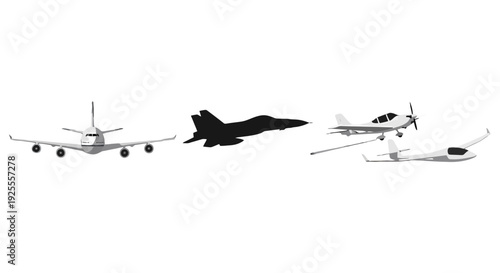 Diverse aircraft collection featuring commercial jet military fighter silhouette light propeller plane and sleek glider.