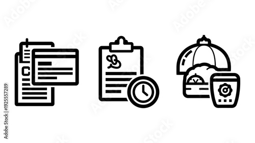 Business Icons: Tickets, Signed Contract, Food Service - Vector Graphics for Events, Agreements, and Hospitality