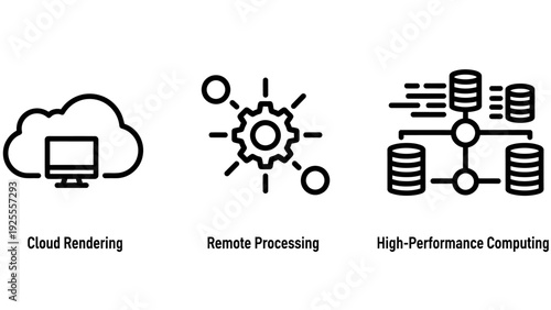 Tech Icons: Cloud Rendering, Remote Processing, High-Performance Computing - Vector Graphics for Digital Transformation and IT
