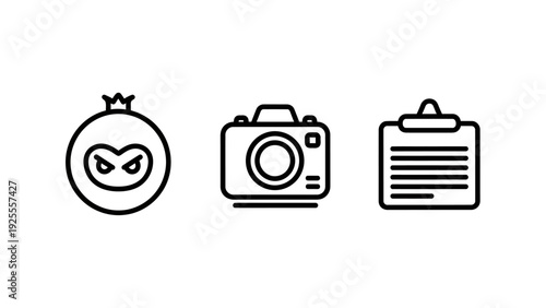 Creative icons: mysterious masked face, vintage camera, and checklist on clipboard for photography, mystery, or task management.