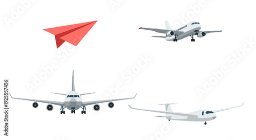 Diverse collection of stylized aircraft illustrations featuring passenger jets a sleek glider and a vibrant red paper plane.