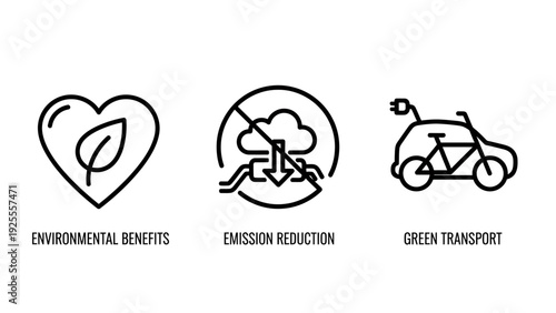Heart Leaf Symbol, No Cloud Emission Icon, and Electric Bike Transport