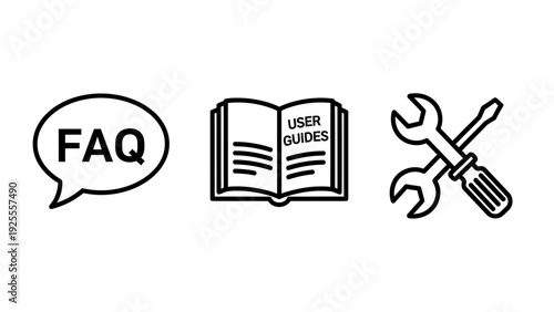 FAQ Chat, User Guides Book, and Tools Icons for Support