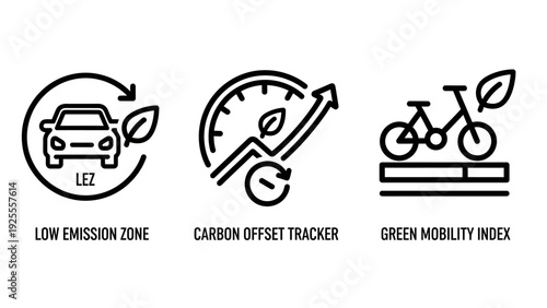 Eco-Friendly Transport Icons: Low Emission Zone Car, Carbon Offset Tracker, and Green Mobility Index