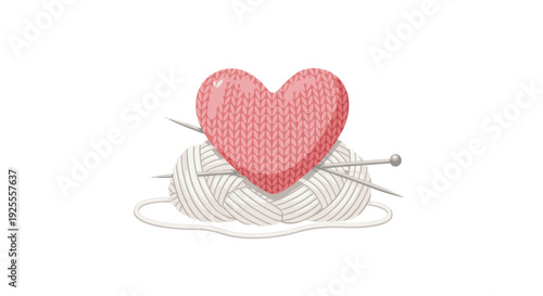 A pink knitted heart with a textured surface rests on a white ball of yarn with two silver knitting needles inserted through it.