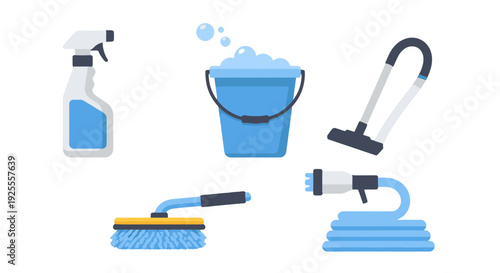 Flat design cleaning tools spray bottle bubbly bucket vacuum scrub brush and coiled hose.