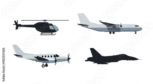 Flat design collection of diverse aircraft dark helicopter grey passenger jet propeller plane and fighter jet silhouette.