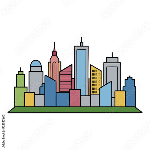 A vibrant cartoon city skyline with colorful skyscrapers, playful shapes, and glowing windows. Puffy clouds drift above as bright lights and cheerful streets bring the scene to life.

