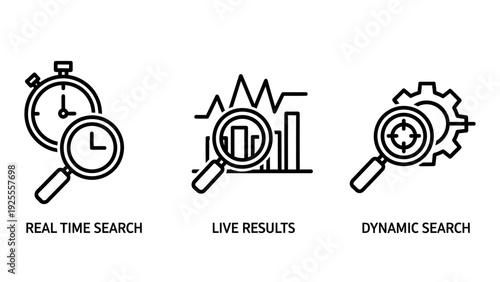 Icons for real-time search, live results, and dynamic search, representing instant information retrieval and interactive search engine functionalities.
