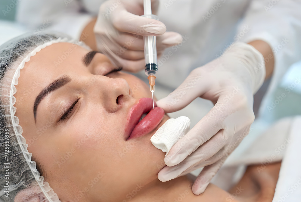 Naklejka premium Woman receiving lip filler injection from doctor in aesthetic clinic, close up of cosmetic dermatology procedure for lip augmentation and beauty enhancement