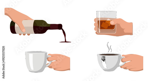 Illustrated Hands Pouring Wine Holding Whiskey Glass with Ice and Hot Coffee Mugs.