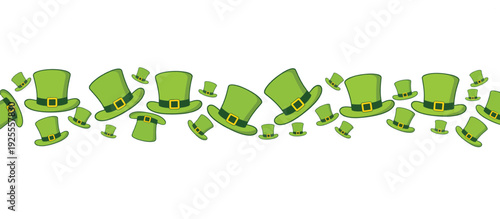 Green leprechaun top hat border. St. Patrick's Day cartoon divider. Vector illustration isolated on transparent background