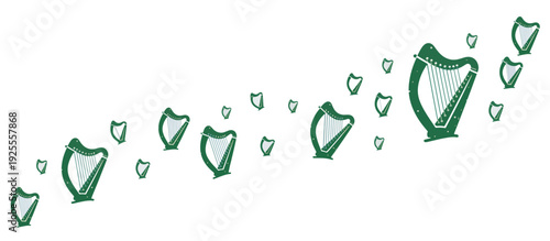 Irish harp vector illustration. Green musical instrument symbol stream isolated on transparent background. St Patrick's Day design element