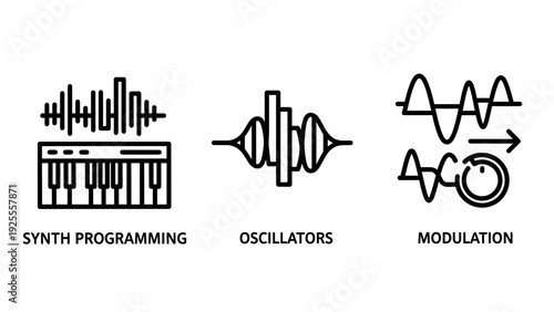 Electronic Music Production and Sound Design Line Icons: Synth Programming, Oscillators, and Modulation for Creative Audio Engineering on White Background