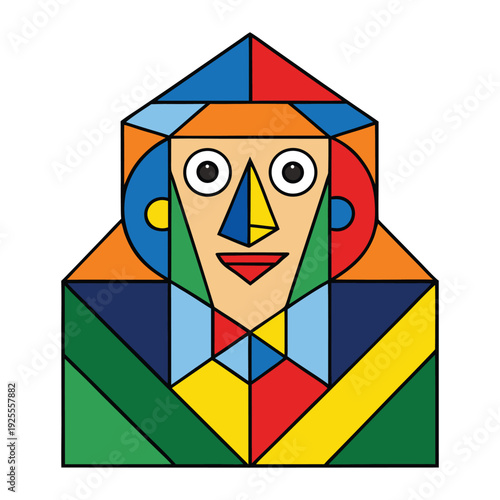 A vibrant cubist artwork bursts with bold colors and sharp geometric shapes, fragmenting faces and objects into dynamic angles that create depth, rhythm, and expressive energy.
