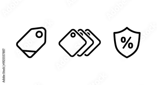 Retail and E-commerce Line Icons: Price Tag, Multiple Tags, and Discount Shield for Shopping, Sales, and Special Offers on White Background