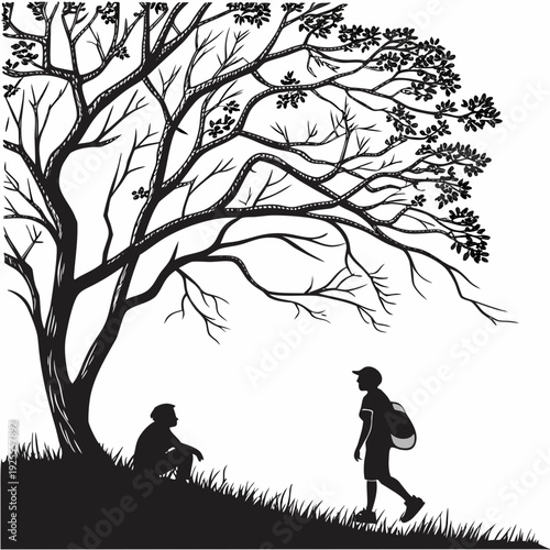 A person sitting under a tree while another walks by Vector