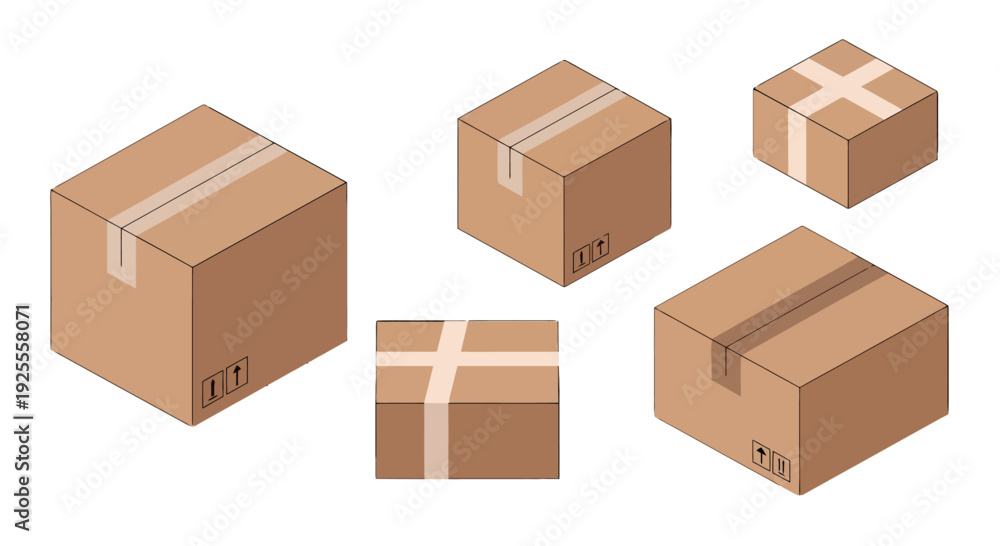 Fototapeta premium Isometric brown cardboard shipping boxes with clear tape and fragile symbols various angles.