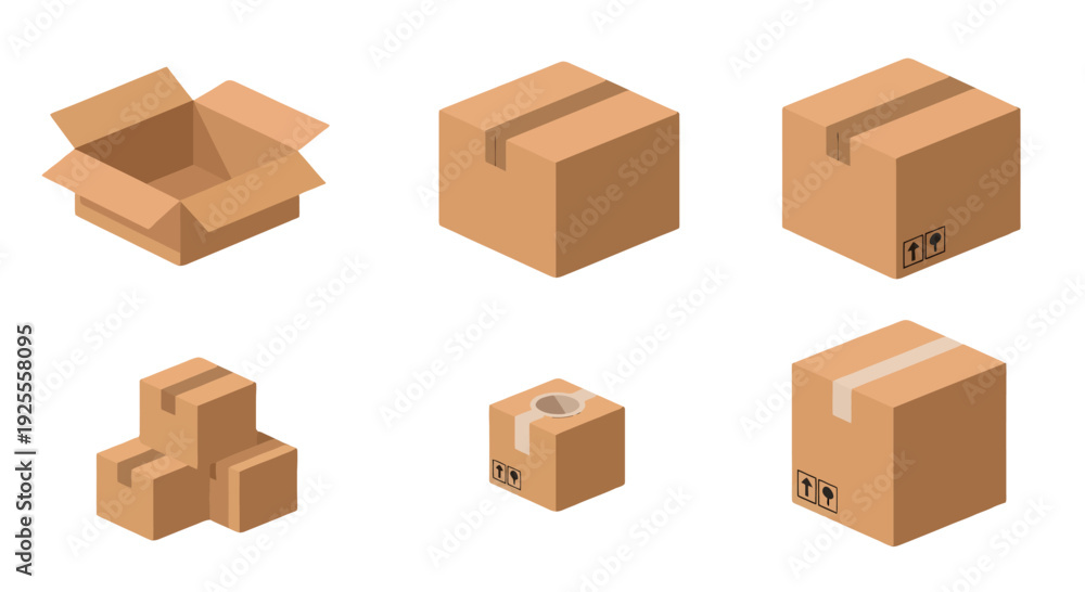 Fototapeta premium Isometric cardboard boxes set with open closed and stacked brown delivery packages.