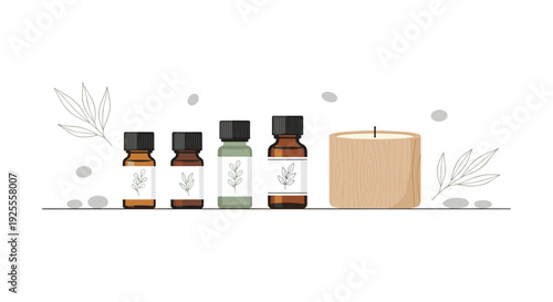 Four small essential oil bottles with black caps and botanical labels stand next to a wooden candle on a white surface with gray stones.