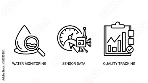 Water monitoring, sensor data, and quality tracking icons, illustrating environmental analysis, IoT devices, and precise measurement systems.