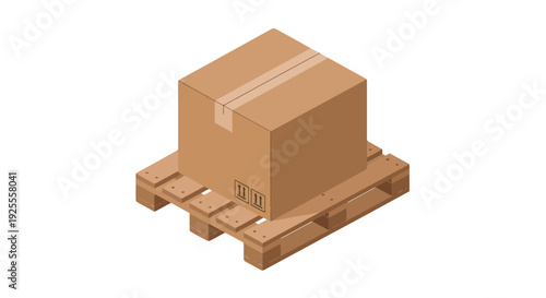 Isometric brown cardboard shipping box with this way up arrows sealed with tape resting on a wooden pallet.