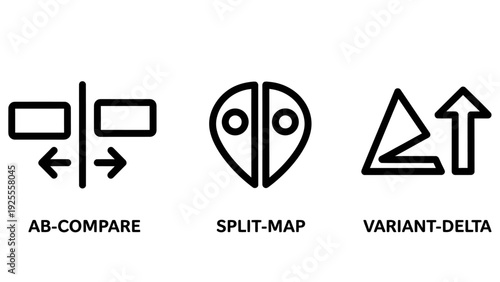 A/B comparison, split map, and variant delta icons, illustrating data comparison, diversification, and analysis for growth strategies.