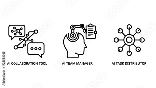 AI Collaboration Tool, Artificial Intelligence Team Manager, and Task Distributor Icons for Modern Technology Concepts and Automation.