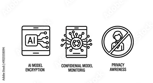 AI Model Encryption, Confidential Monitoring, and Privacy Awareness Icons for Mobile Data Security and Digital Protection.