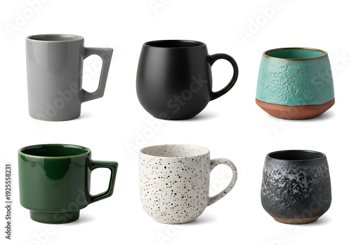 A collection of six colorful ceramic coffee mugs with unique designs and textures on a white background