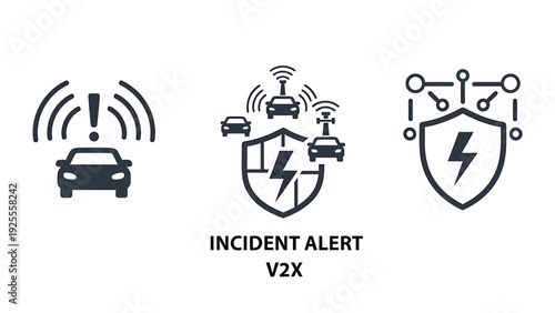 Incident Alert, V2X Communication, and Automotive Cybersecurity Icons Representing Vehicle Safety and Smart Technology