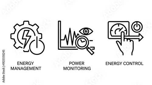 Energy Management, Power Monitoring, and Control Icons for Sustainable Solutions and Efficiency Systems