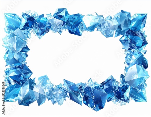 Geometric Blue Crystal Border with White Rectangle Frame on White Background