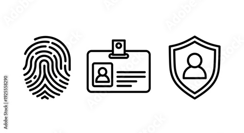 Fingerprint Biometrics, Identification Badge, and Personal Security Shield Icons for Access Control and Privacy